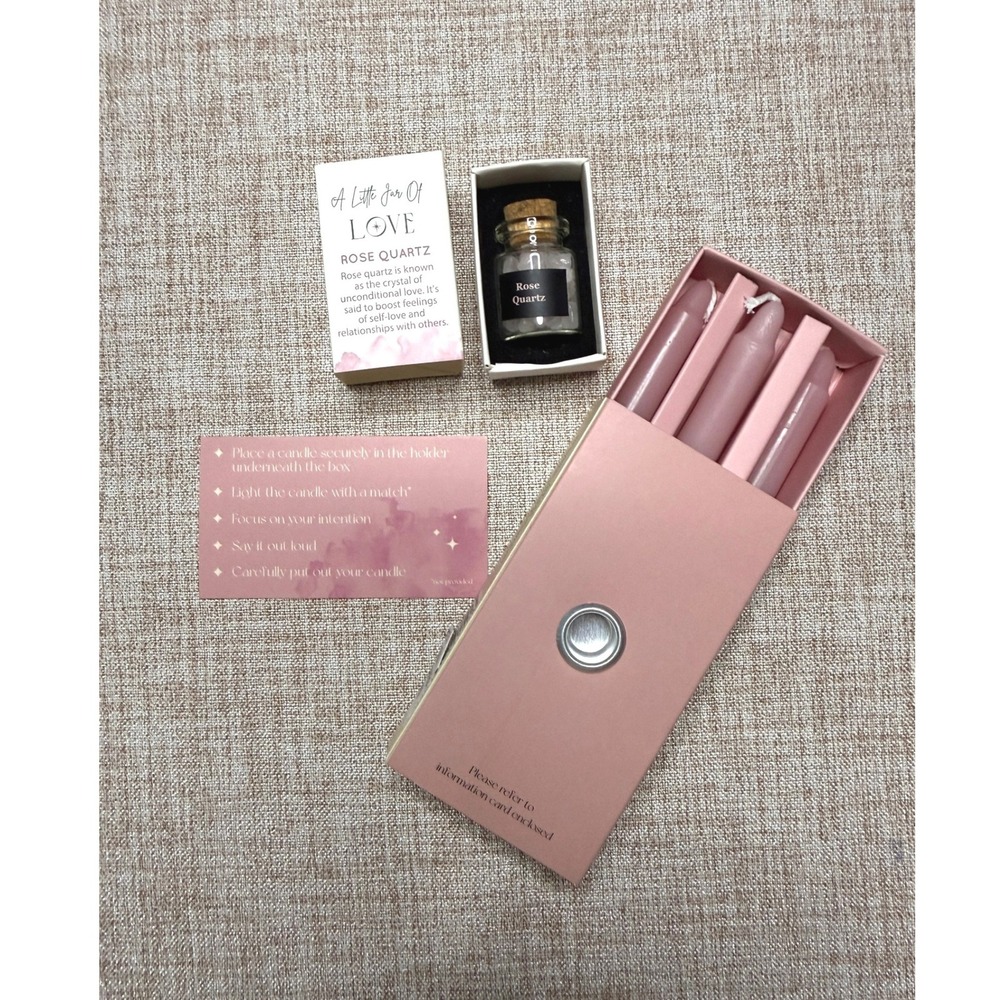 Love Spell In A Box Ritual Set Rose Quartz Crystal 3 Spell Candles & Holder